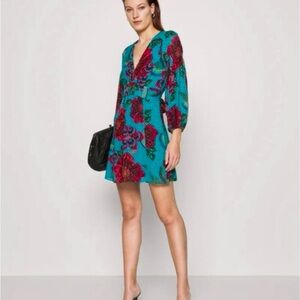 FARM Rio Teal and Red Floral Mini Dress with Gold Accents Size M